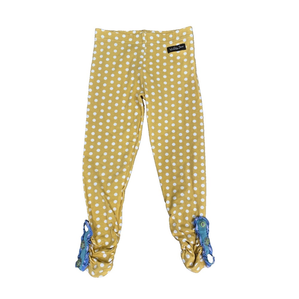 Matilda Jane Whimsical Yellow Polka Dot Leggings Ruffles Blue Trim Kids 4T